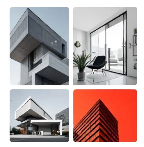 Modern architectural design studio in Malappuram showcasing four minimalist buildings in a collage.